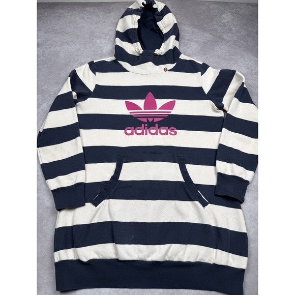 VTG Adidas Hoodie Womens Large Navy White Striped Trefoil Logo Sweatshirt - Picture 2 of 16